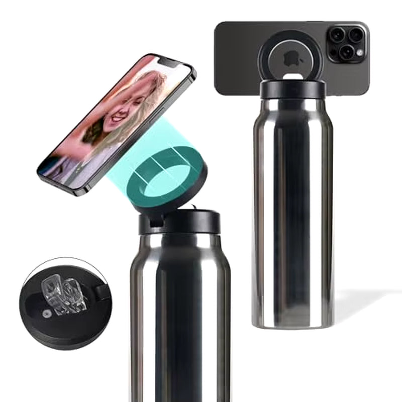Insulated Water Bottle Compatible Magsafe Water Bottle with Phone Holder, Stainless Steel Water Bottle with Magnetic Phone Tripod for Selfies and making Content