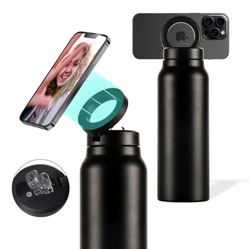 Insulated Water Bottle Compatible Magsafe Water Bottle with Phone Holder, Stainless Steel Water Bottle with Magnetic Phone Tripod for Selfies and making Content