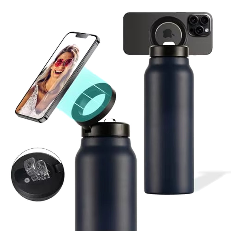 Insulated Water Bottle Compatible Magsafe Water Bottle with Phone Holder, Stainless Steel Water Bottle with Magnetic Phone Tripod for Selfies and making Content