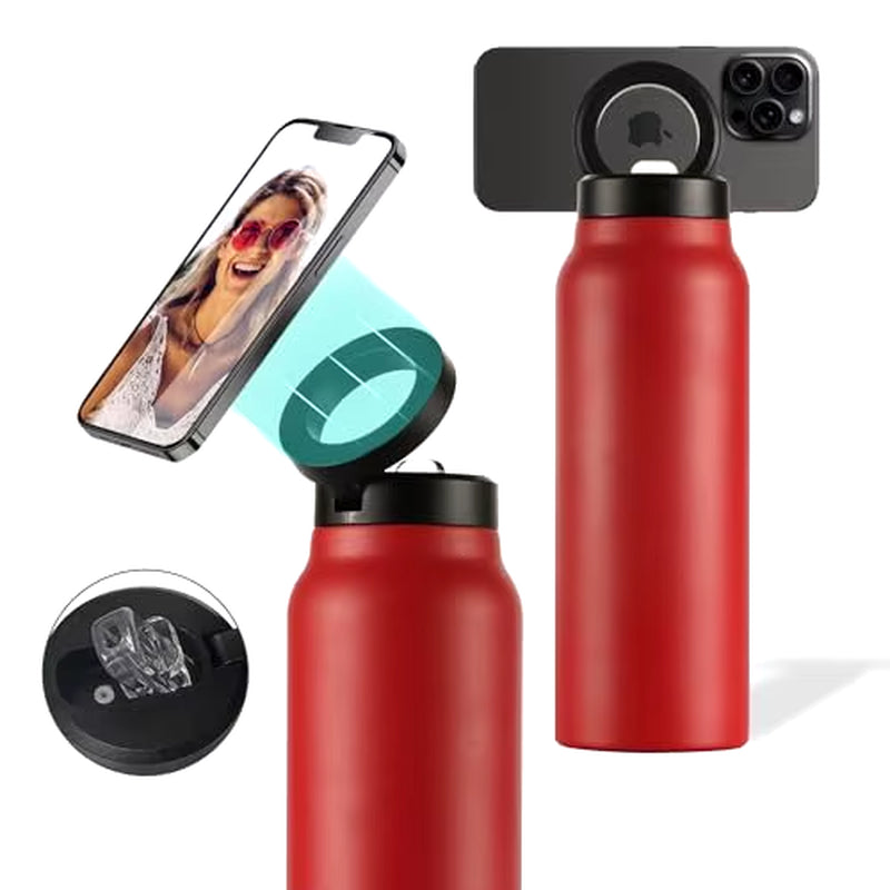 Insulated Water Bottle Compatible Magsafe Water Bottle with Phone Holder, Stainless Steel Water Bottle with Magnetic Phone Tripod for Selfies and making Content