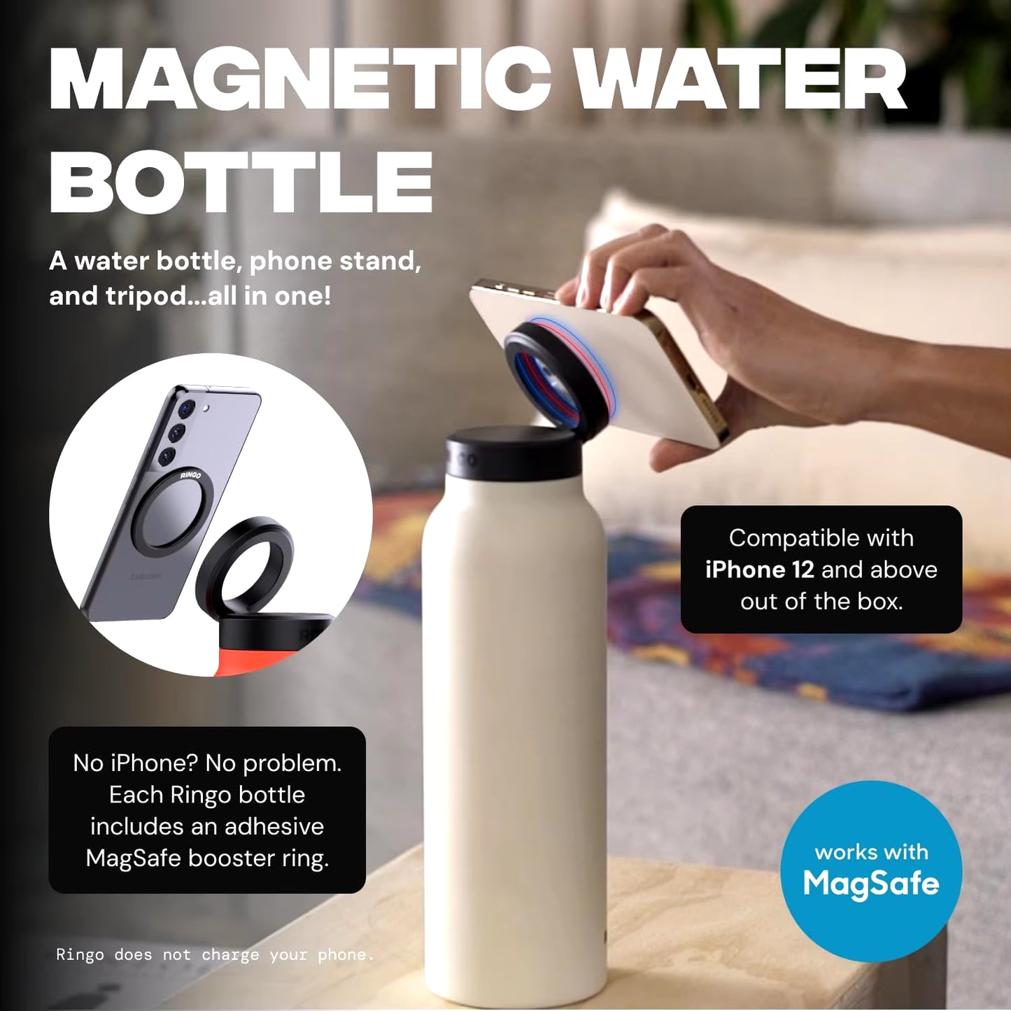 Insulated Water Bottle Compatible Magsafe Water Bottle with Phone Holder, Stainless Steel Water Bottle with Magnetic Phone Tripod for Selfies and making Content