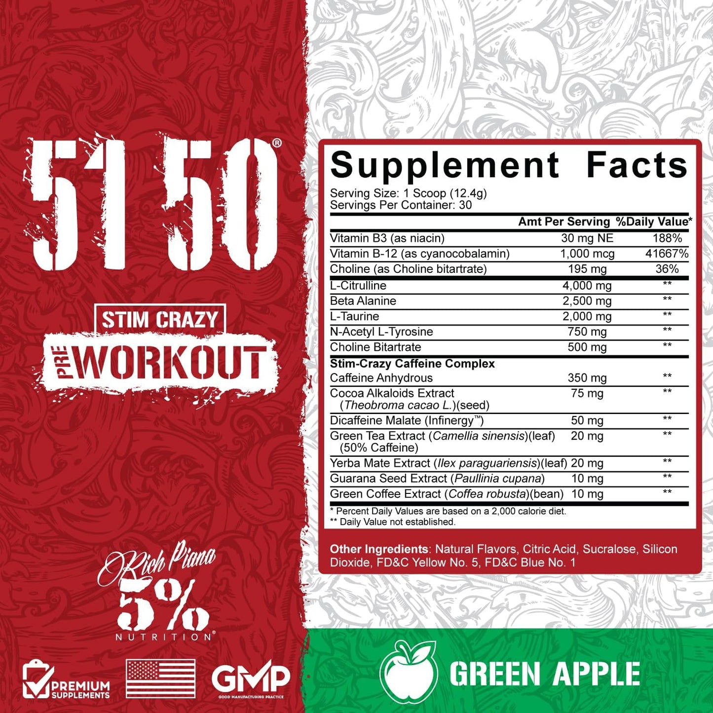 Rich Piana 5150 High Stim Pre-Workout Powder | Extreme Energy, Focus, Pumps & Endurance | 400 Mg Caffeine, Citrulline, Beta Alanine, N-Acetyl L-Tyrosine | 30 Srvgs (Green Apple)