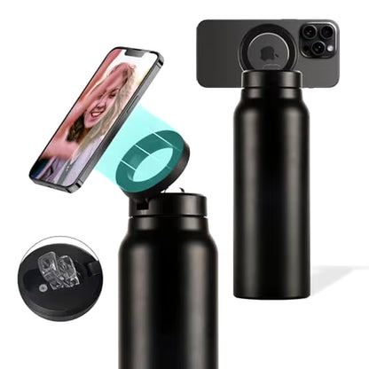 Insulated Water Bottle Compatible Magsafe Water Bottle with Phone Holder, Stainless Steel Water Bottle with Magnetic Phone Tripod for Selfies and making Content