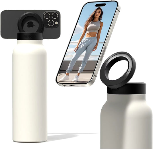 Insulated Water Bottle Compatible Magsafe Water Bottle with Phone Holder, Stainless Steel Water Bottle with Magnetic Phone Tripod for Selfies and making Content